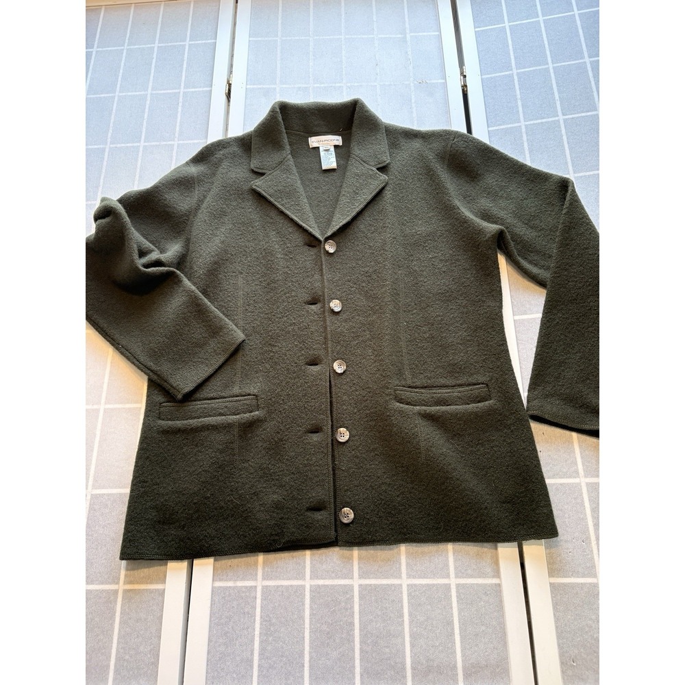VTG Evan Picone 100% Boiled‎ Wool Knit Jacket Sweater Blazer Olive Green XL Lux